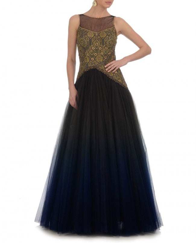 Embroidered Georgette Gown in Teal Blue : TLX991